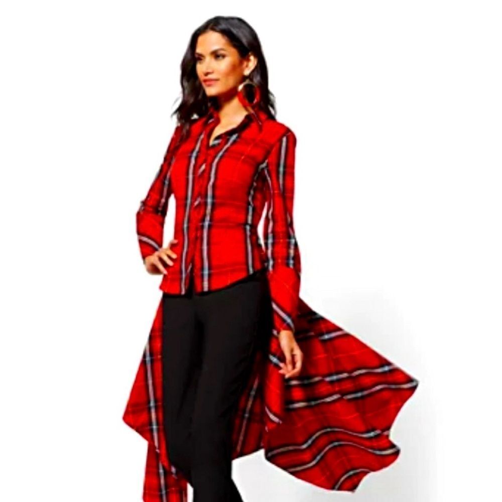 New York & Company Red Black Plaid Button Down High/Low Tunic M